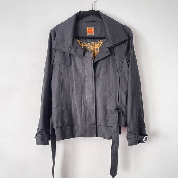 Hugo Boss Black Linen Belted Jacket Blazer Animal Print Lining Size 8 Wrap Back - Picture 4 of 16